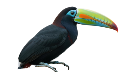 Isolated plate-billed mountain toucan with colorful beak, dark plumage, standing bird poses