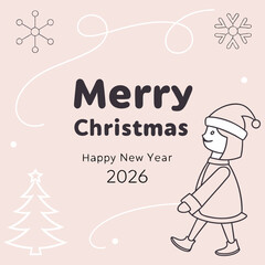 Charming line art holiday greeting card design featuring a festive character wishing merry christmas and happy new year 2026 celebration