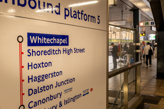 LONDON- Whitechapel Underground Station &ndash; Eastbound District & Hammersmith & City Line Platform 5 signage