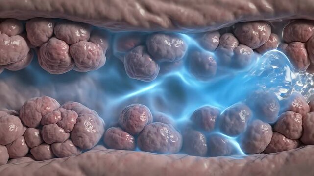 Swollen interstitial tissue, fluid shimmering between cells as part of inflammation. When ibuprofen becomes active, subtle waves of cooling blue-toned light travel through the tissue