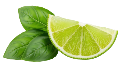Isolated lime wedge with green basil leaves for cocktails and food decoration shot