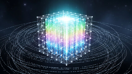 Digital data cube with bright rainbow glow and swirling lines