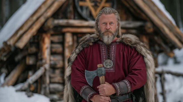 53Viking reenactor in traditional red tunic standing before aged wooden chapel, axe and shield in hand, mood of Norse pride under cool northern light