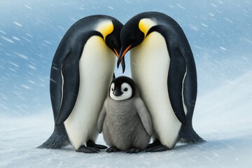 Emperor penguin family huddling in snowstorm with chick protected between parents, emotional wildlife scene with snowy background and soft light. Ai generative