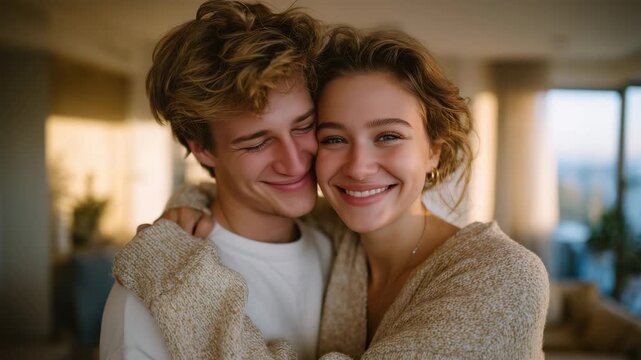 76Young man and woman sharing tender embrace, faces inches apart, eyes closed in deep affection, sunlit modern apartment with soft neutral tones and cozy warmth