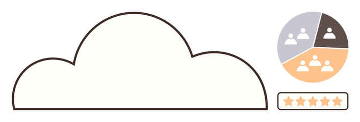 Cloud outline alongside pie chart with team division and five-star rating. Ideal for teamwork, feedback, cloud storage, data analysis, quality evaluation, performance, simple flat metaphor