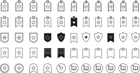 Vector icon collection of rating and success symbols, featuring line art of stars, bookmarks, badges, ribbons, shields, and magic open books. © Bahadur