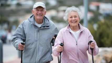 101Elderly couple walking with Nordic poles in early spring park for fitness and longevity - Powered by Adobe