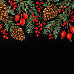 黒背景に松ぼっくりとベリーのクリスマスボーダー水彩イラスト（文字なし）

