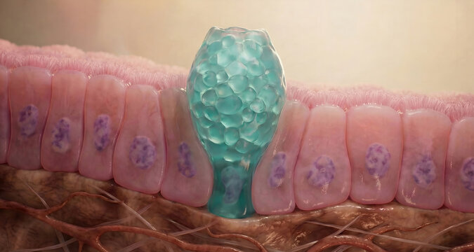 Intestinal Metaplasia Cross-Section: Goblet Cell with Mucin Granules in Gastric Epithelium