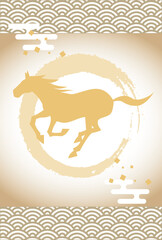 金色の馬のシルエットと和柄の年賀状テンプレート　賀詞と文字なしの背景デザイン