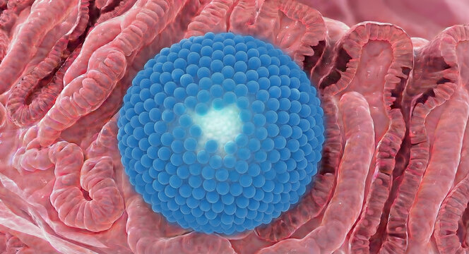 3D Illustration of Gastric Lymphoid Follicle: Blue Lymphocyte Cluster with Germinal Center Embedded in Stomach Mucosa
