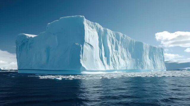 Majestic Iceberg: A colossal iceberg, sculpted by nature's artistry, floats serenely upon the vast expanse of the ocean. The pristine beauty of this frozen marvel symbolizes the raw.