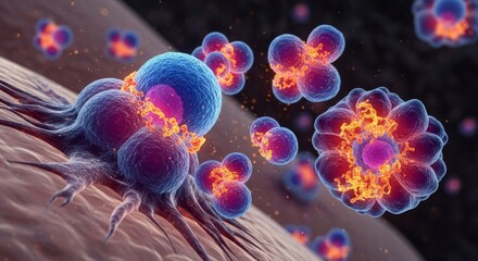 Microscopic view of cells with vibrant colors and complex structures, scientific concept.