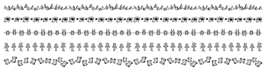 Set of hand drawn Ancient Egyptian borders with Pyramids Eye of Horus Scarab beetles Ankh crosses and Papyrus scrolls