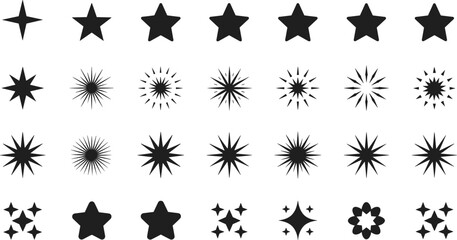 Collection of decorative star, sparkle, and starburst vector icons featuring diverse shapes, radiant bursts, shining symbols, and modern minimalist graphic elements.