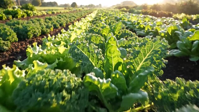 Organic Lettuce and Kale Growing on Farm - This video shows fresh green lettuce and kale plants growing in neat rows in an organized vegetable garden farm field.