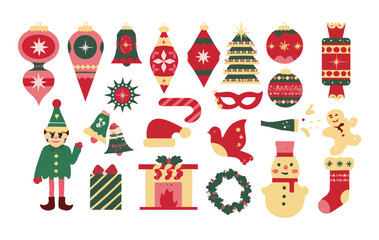 Collection of festive Christmas ornaments and holiday icons vector illustration