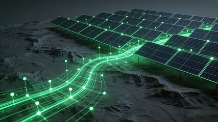 Smart Solar Grid in Snowy Landscape, Glowing Green Digital Lines Connecting Panels for Futuristic Tech & Clean Energy Concepts