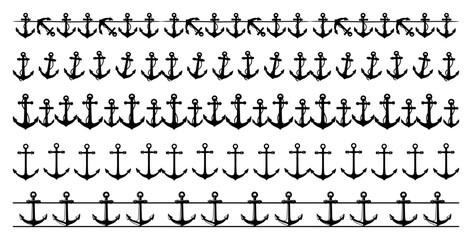 Fototapeta premium Set of nautical anchor borders vector seamless dividers with black marine silhouettes and ship equipment symbols