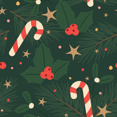 seamless winter, christmas pattern with green fir twigs; mistletoes, candy canes, holly and stars; great for wrapping paper, greeting cards, gift tags, wallpaper and textiles- vector illustration