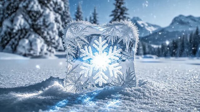 Glowing Snowflake Ice Cube in Winter Landscape - A frosty ice cube with a glowing snowflake design sits on a snow-covered landscape.