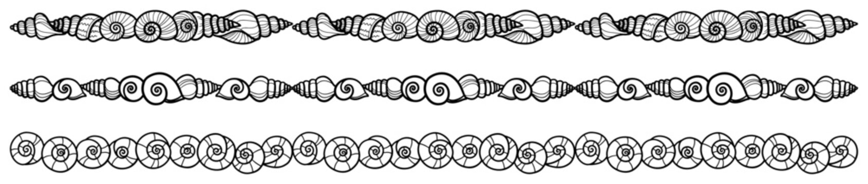 Hand drawn seashell borders set vector seamless marine dividers with spiral conch shells sketch style ocean decorative lines