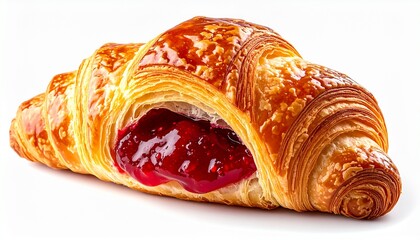 Flaky golden croissant filled with rich, glossy strawberry jam spilling out onto the surface