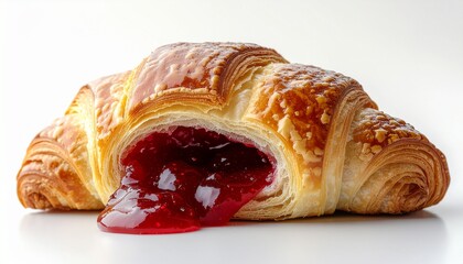 Flaky golden croissant filled with rich, glossy strawberry jam spilling out onto the surface