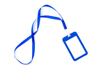 Blue plastic badge with blue ribbon. Template designed for emplo