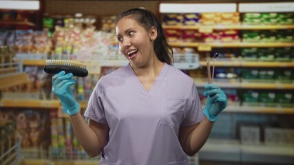 Dentist woman holds tooth shade guide and dental probes, smiling with gloved hands in supermarket building; playful confidence.