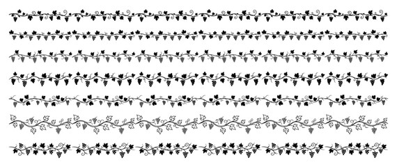 Fototapeta premium Hand drawn grape vine borders set vector seamless winery dividers with fruit clusters and leaves sketch style vineyard decoration lines