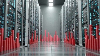 Energy consumption data center analytics visualization with server racks and red bar graphs conveying efficient monitoring and performance insight - Powered by Adobe