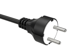 Black electrical plug with two silver prongs on a white background