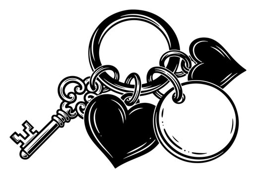 Hand drawn vintage key with heart keychain and round tag vector sketch