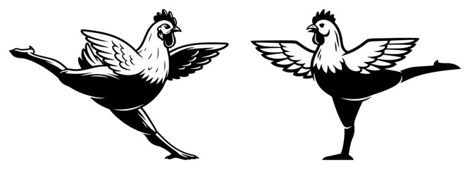 Funny dancing chicken silhouette set with human legs performing ballet poses © Amelia