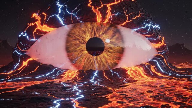 Giant Eye Amidst Lava and Energy - A surreal video features a giant, glowing eye with a detailed iris, surrounded by fiery lava veins and pulsating blue energy patterns.