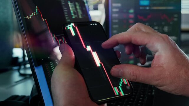 Crypto Volatility blockchain Market Chart Smartphone Display presents sharp crypto movement visible through mobile interface near workstation with active financial dashboards