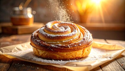 Golden, swirled pastries croissant dusted with powdered sugar bask in warm morning light
