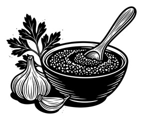 Hand drawn rustic composition with salt bowl garlic cloves and fresh herbs woodcut style vector illustration