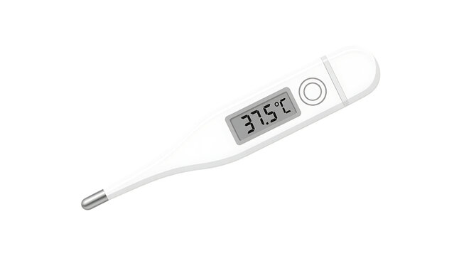 Digital thermometer displaying 38 5 degrees celsius temperature reading isolated on transparent background