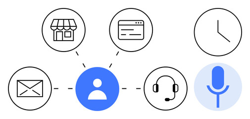 Customer service, communication tools, workflow, business processes, customer support, interaction. Network of icons including email, headset and user figure. Customer service and communication