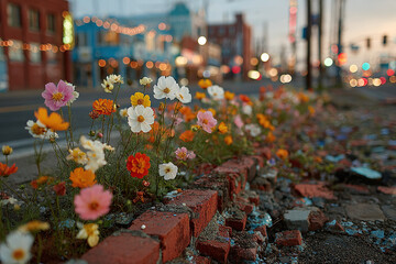Fototapeta premium Vibrant wildflowers bloom amidst urban decay, creating a striking contrast between nature and the city