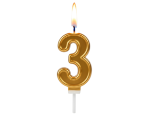 Golden number 3 birthday candle with flame isolated on transparent background