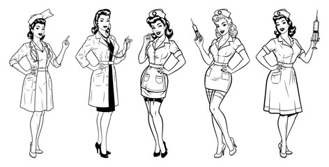Hand drawn retro nurse and doctor pinup girls vector vintage medical staff characters with syringe and stethoscope sketch
