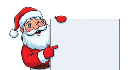 Jolly cartoon santa claus in red suit with fluffy beard, playfully peeking and pointing at large copy space sign on transparent vector background. Concept for holiday advertising promotion