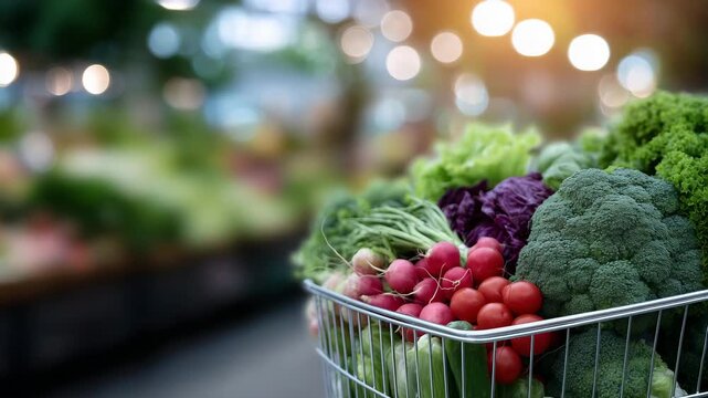 151Shopping cart full of fresh seasonal produce under soft sunny lighting