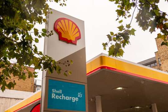 LONDON -  Shell Petrol Station and Recharge EV charging station &ndash; Whitechapel  East London.