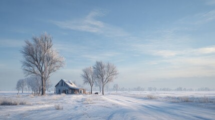 A winter landscape with a distant farmhouse,