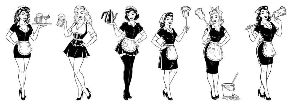 Hand drawn retro waitress and maid character set with beer and cleaning tools vector illustration